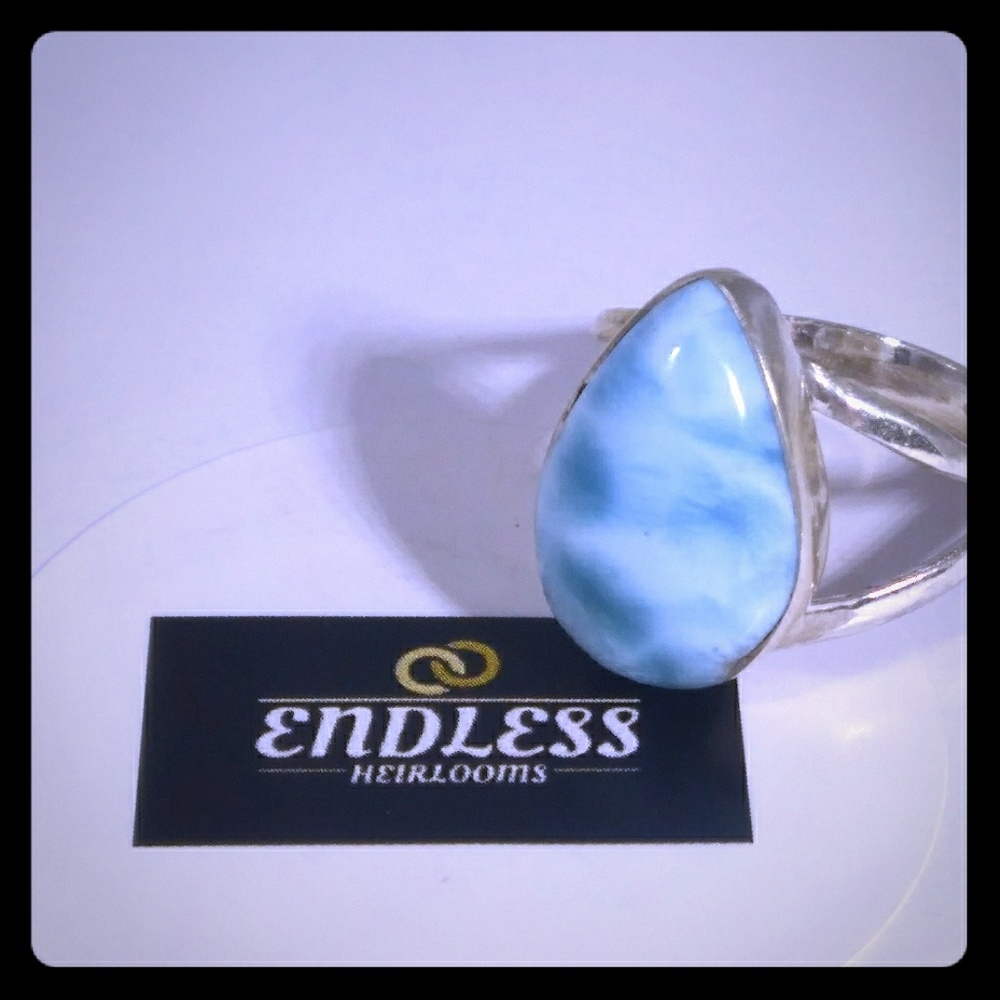 925 Sterling Silver Larimar Ring w/ Pear Shape Gem